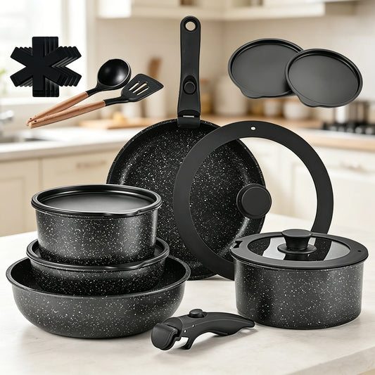 Set di pentole e padelle antiaderenti da 17 pezzi con manico rimovibile, set da cucina antiaderente con manici staccabili