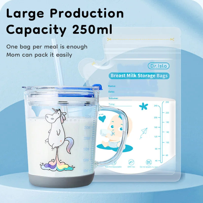 MAMIJOY Sacchetto per la conservazione del latte materno 250ML 30/150PCS Design con chiusura a doppia guarnizione e beccuccio indipendente Sacchetto per la conservazione del latte senza BPA Regalo Penna MSB01