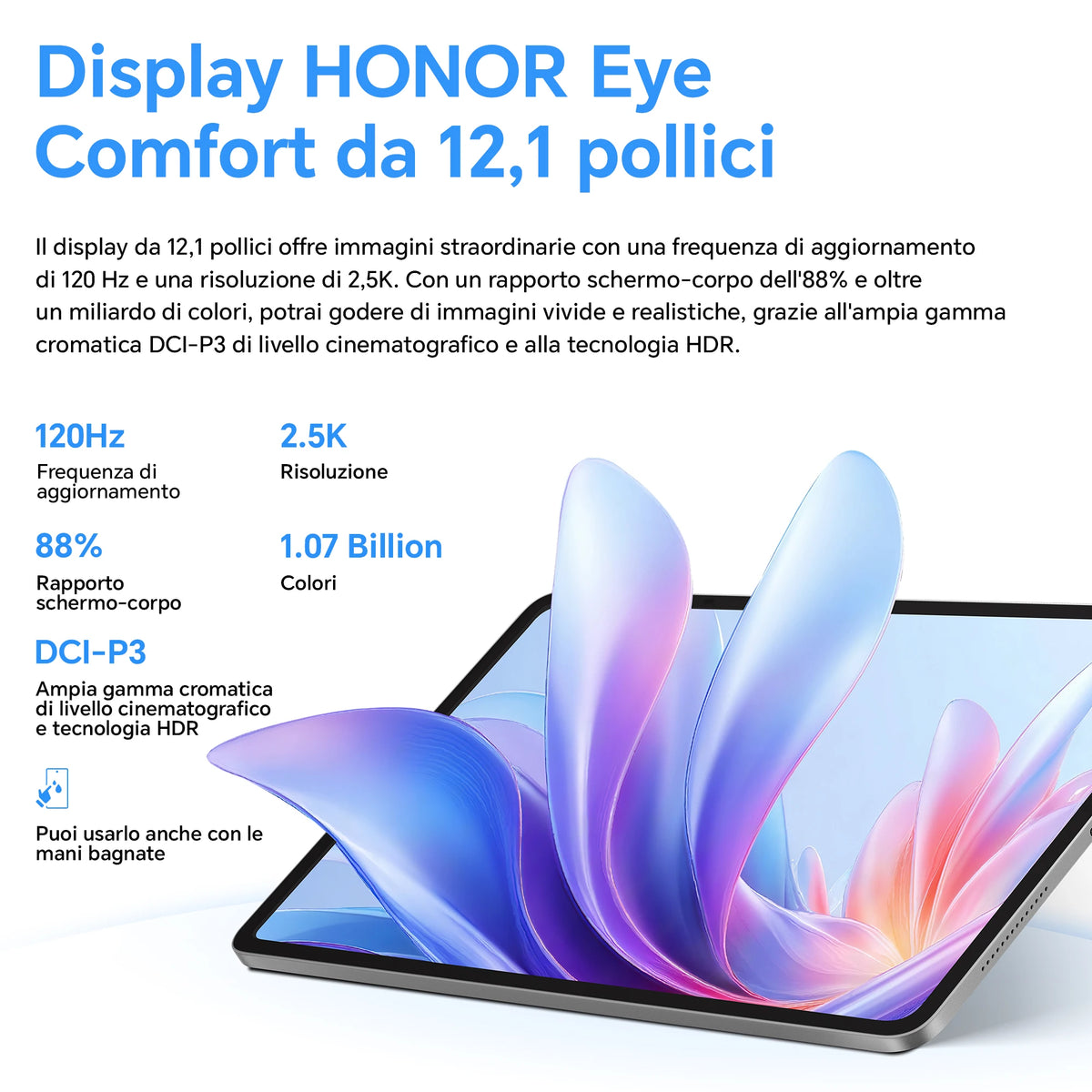 HONOR Pad 10 da 12,1 pollici, 120 Hz, display HONOR Eye Comfort da 2,5K, 8 GB/256 GB, Wi-Fi, batteria da 10.100 mAh, processore Snapdragon 7 Gen 3 a 4 nm, efficienza AI, 6 altoparlanti, Android 15, grigio