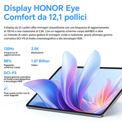 HONOR Pad 10 da 12,1 pollici, 120 Hz, display HONOR Eye Comfort da 2,5K, 8 GB/256 GB, Wi-Fi, batteria da 10.100 mAh, processore Snapdragon 7 Gen 3 a 4 nm, efficienza AI, 6 altoparlanti, Android 15, grigio