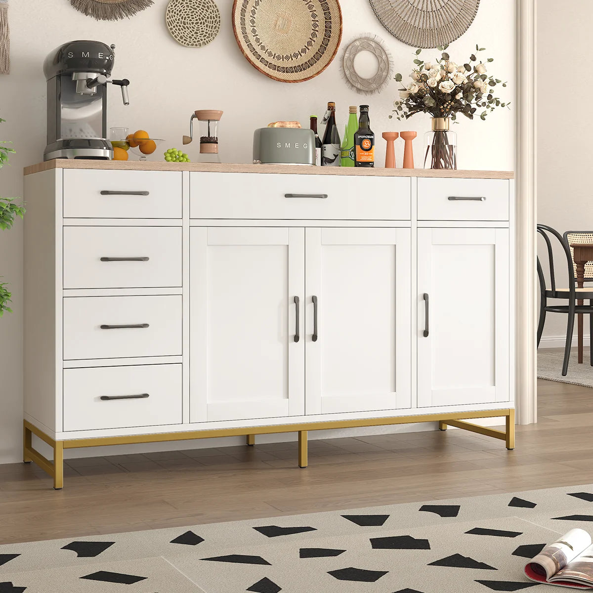 Mobile da Cucina Bianco Mihtrov, Credenza, Mobile Contenitore per Soggiorno, Piano di Lavoro e Due Cassetti, Adatto per Cucina/Soggiorno ﻿