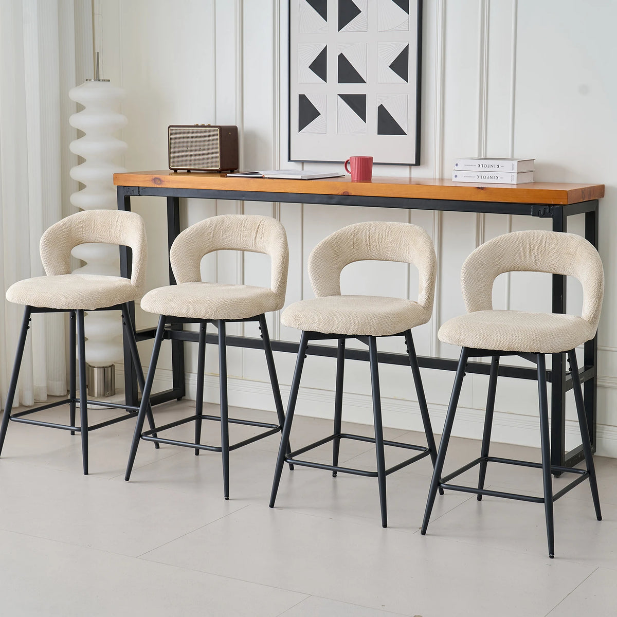 EGOONM Set da 2/4 sgabelli da bar girevoli in lino con schienale aperto e poggiapiedi, sedie da bar moderne imbottite per isola cucina, gambe in metallo nero