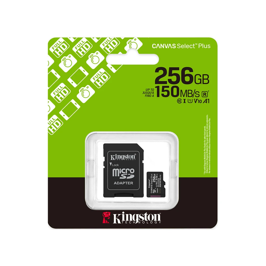 Confezione da 1 scheda di memoria Kingston Canvas Select Plus microSD 256 GB, microSDXC Gen3 UHS-I Class 10 A1 V10, 150 MB/s lettura, adattatore SD incluso