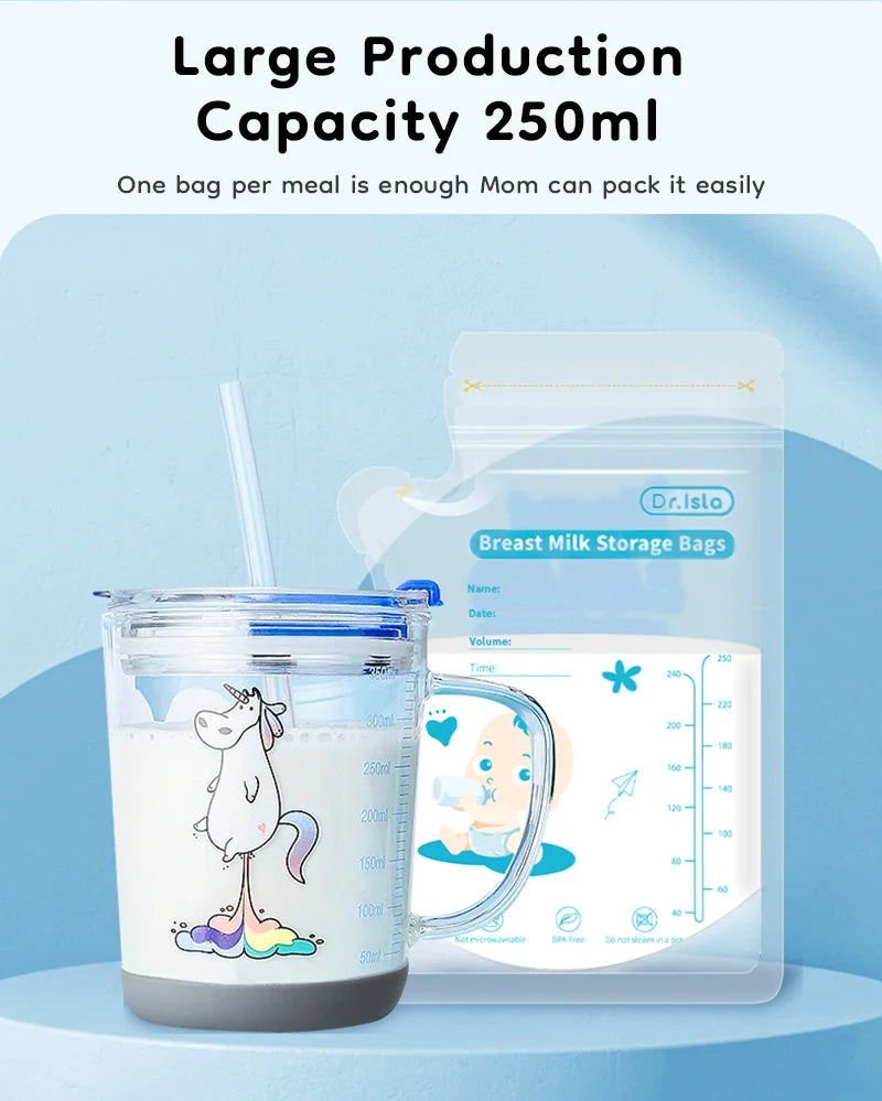 MAMIJOY Sacchetto per la conservazione del latte materno 250ML 30/150PCS Design con chiusura a doppia guarnizione e beccuccio indipendente Sacchetto per la conservazione del latte senza BPA Regalo Penna MSB01