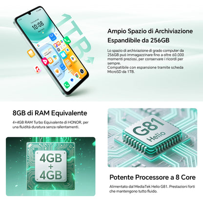 Smartphone HONOR X5c Plus, 5260 mAh, display da 6,74 pollici a 90 Hz, fotocamera da 50+5 MP, Android 15, processore octa-core, riconoscimento delle impronte digitali e del volto