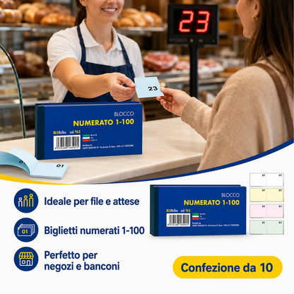 Confezione da 10 blocchi numerati 1/100 BLU963, blocchi da 100 fogli per ricevute, turni, magazzino, ufficio e attività commerciali