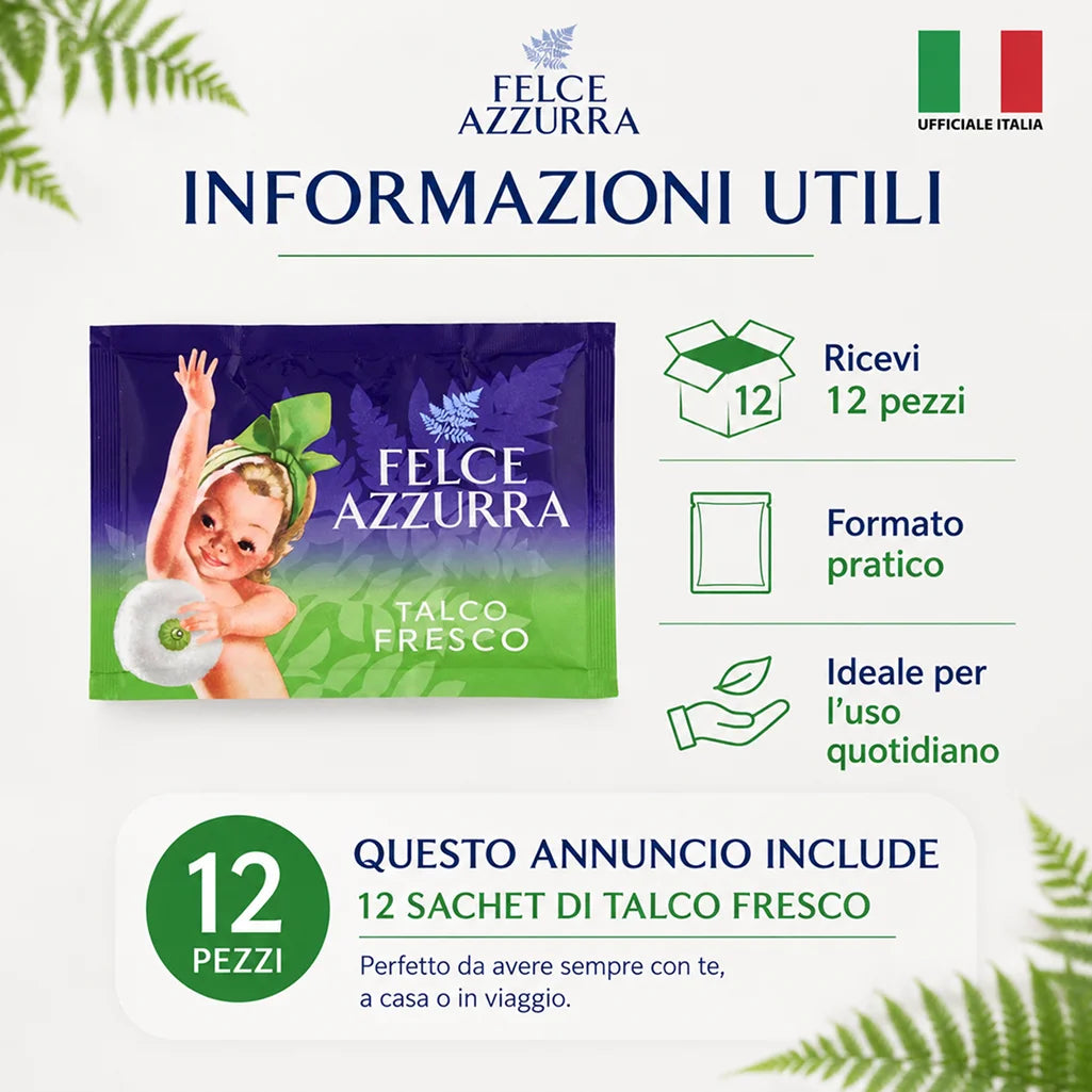 Confezione da 12 Felce Azzurra Talco Fresco in Busta 100 g, talco profumato per la cura quotidiana del corpo, 1,2 kg totali