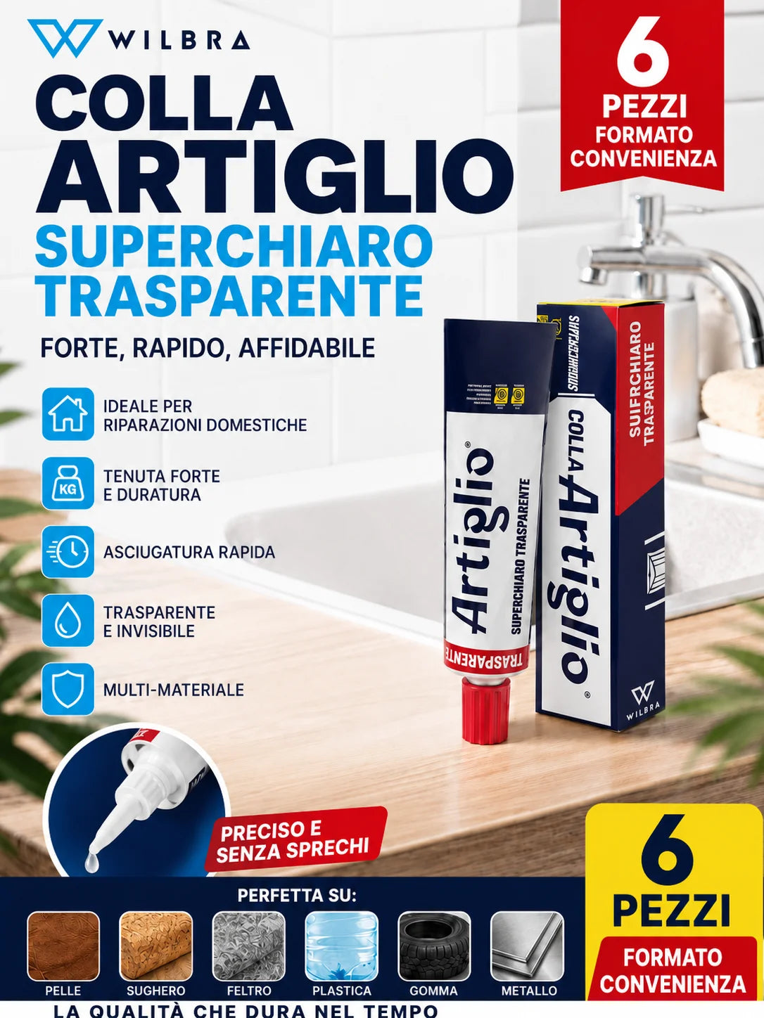 Confezione da 6 Colla Artiglio Super Chiaro 50 ml, adesivo in tubetto per cuoio, pelle, sughero, feltro, legno, plastica e gomma