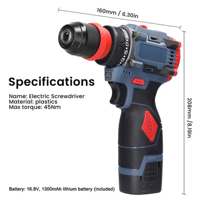 Trapano Cordless Brushless 16.8V 45Nm a 2 Velocità con Luce LED, Trapano Elettrico Ricaricabile per Fai-da-Te Domestico, Lavorazione del Legno e Foratura del Metallo con 2 Batterie da 1300mAh