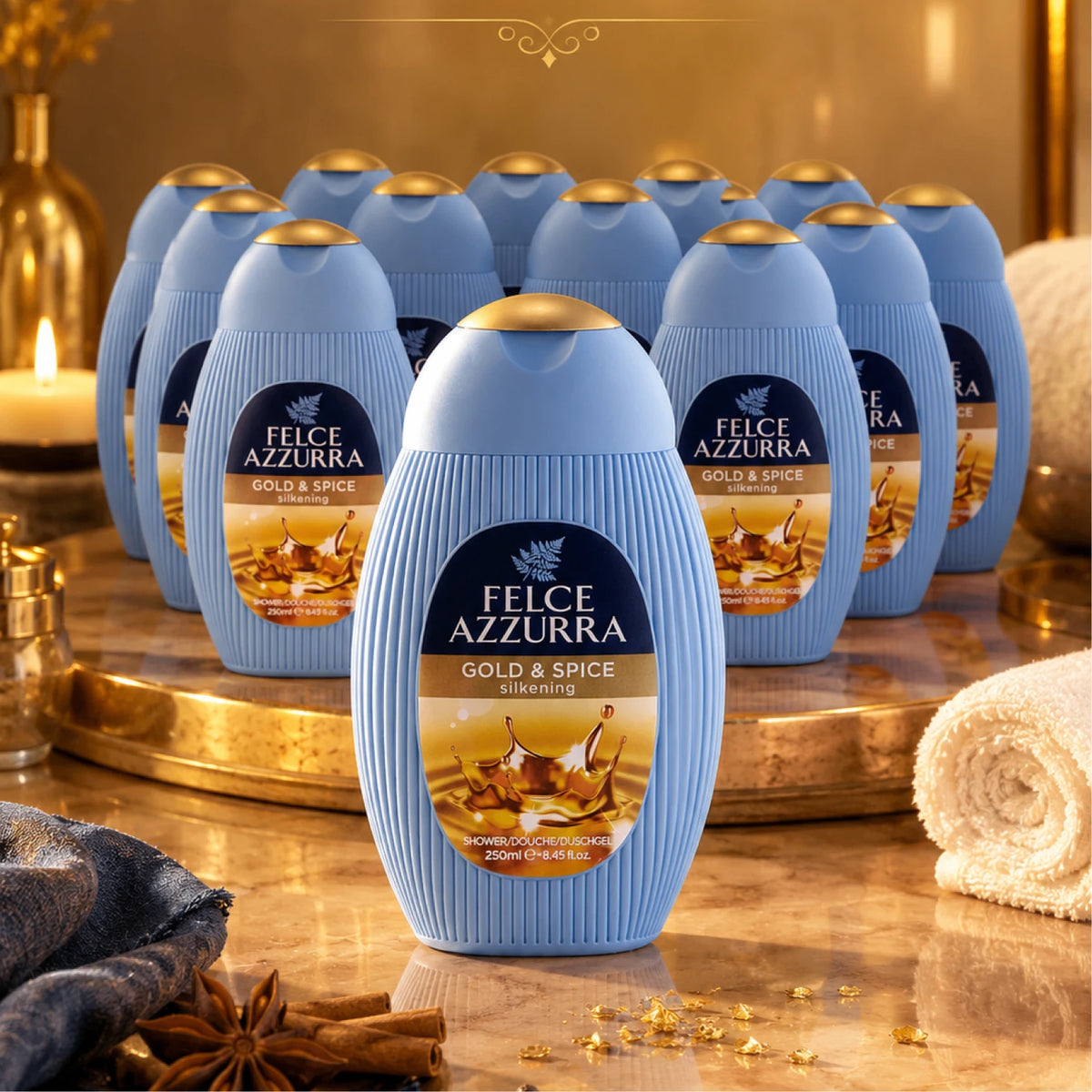 Confezione da 12 Felce Azzurra Doccia Oro e Spezie 250 ml, bagnodoccia profumato per la detersione quotidiana, 3 L totali