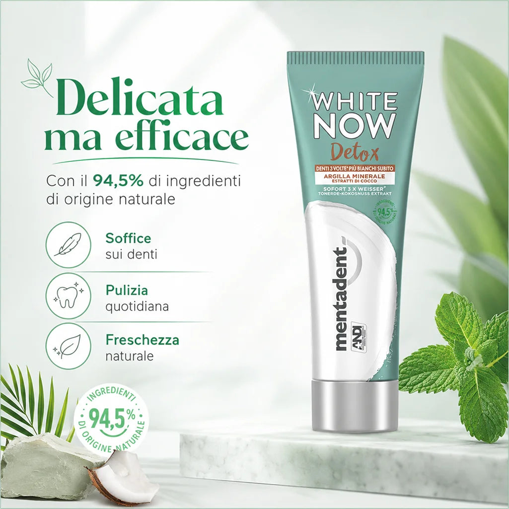 Confezione da 12 Mentadent White Now Detox Cocco 75 ml, dentifricio al gusto cocco per igiene orale quotidiana, 900 ml totali