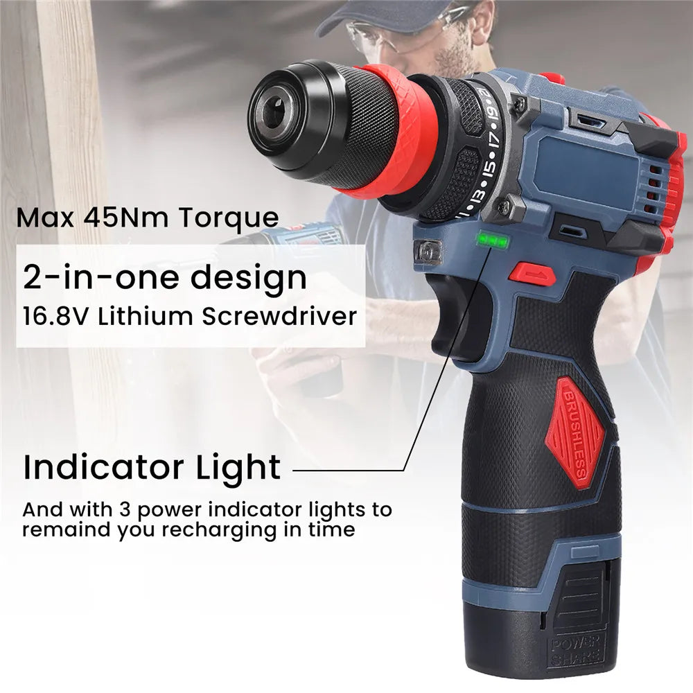 Trapano Cordless Brushless 16.8V 45Nm a 2 Velocità con Luce LED, Trapano Elettrico Ricaricabile per Fai-da-Te Domestico, Lavorazione del Legno e Foratura del Metallo con 2 Batterie da 1300mAh