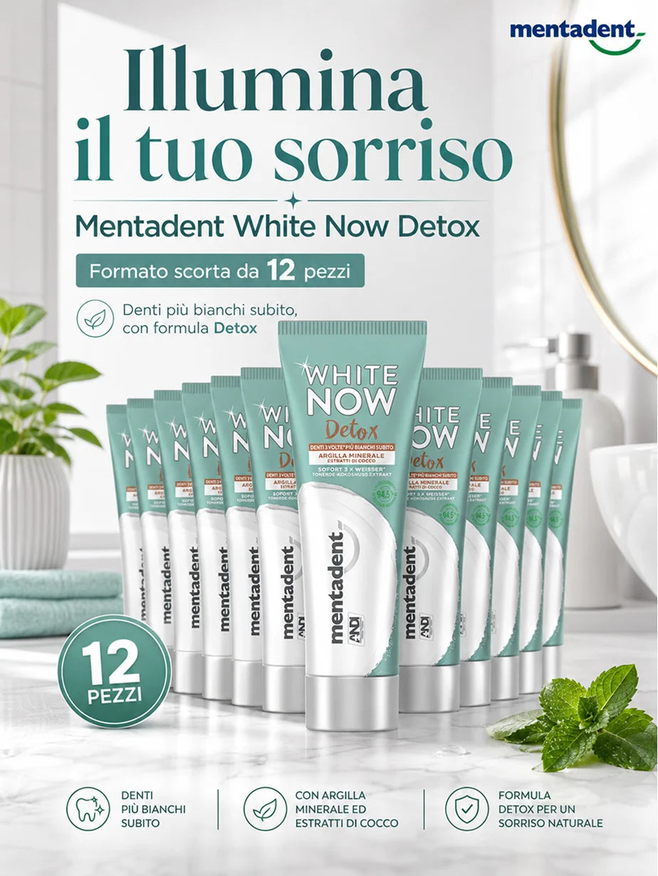 Confezione da 12 Mentadent White Now Detox Cocco 75 ml, dentifricio al gusto cocco per igiene orale quotidiana, 900 ml totali