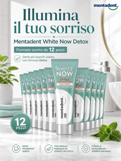 Confezione da 12 Mentadent White Now Detox Cocco 75 ml, dentifricio al gusto cocco per igiene orale quotidiana, 900 ml totali