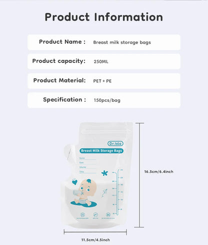 MAMIJOY Sacchetto per la conservazione del latte materno 250ML 30/150PCS Design con chiusura a doppia guarnizione e beccuccio indipendente Sacchetto per la conservazione del latte senza BPA Regalo Penna MSB01