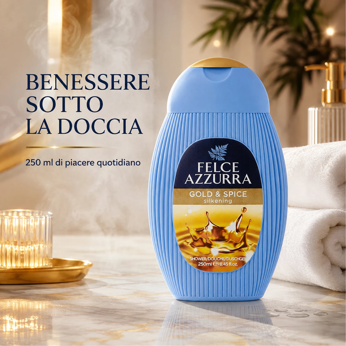 Confezione da 12 Felce Azzurra Doccia Oro e Spezie 250 ml, bagnodoccia profumato per la detersione quotidiana, 3 L totali