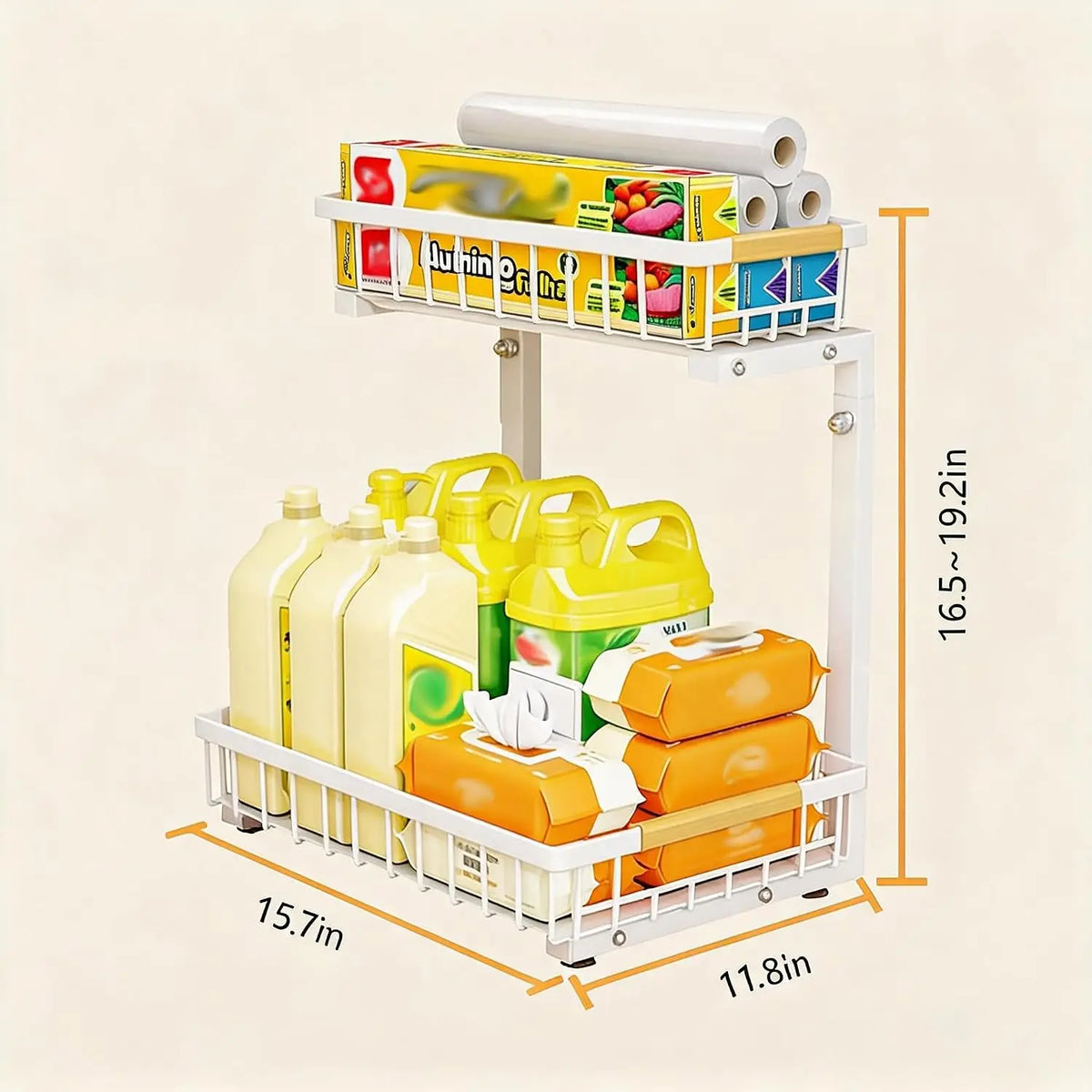 Organizzatore a 2 livelli sotto il lavello, scaffale scorrevole in acciaio al carbonio, mobiletto sottolavello in metallo, a forma di L, altezza regolabile, salvaspazio, ripiano estraibile per cucina e bagno, bianco