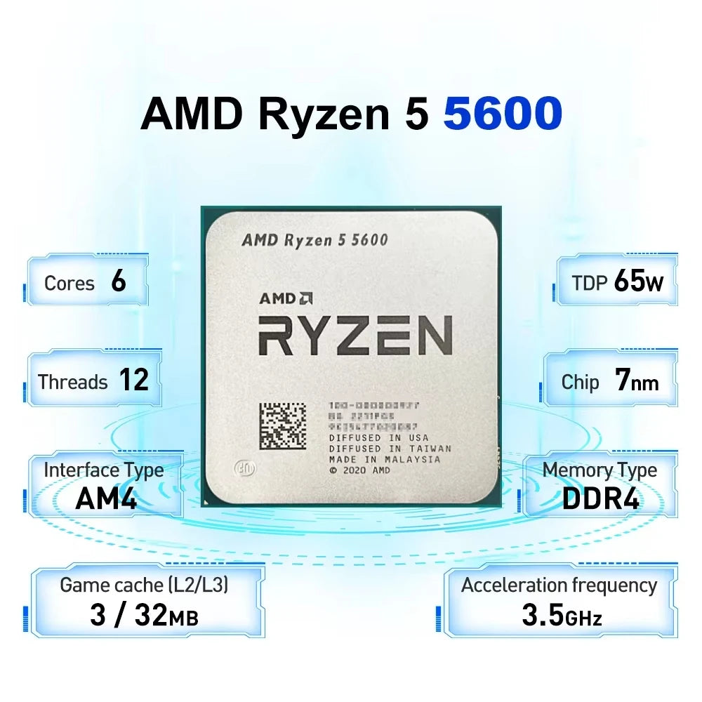 Processore Desktop AMD Ryzen 5 5600, 6C/12T, 4.4GHz, 32MB Cache, AM4, Senza Dissipatore Incluso