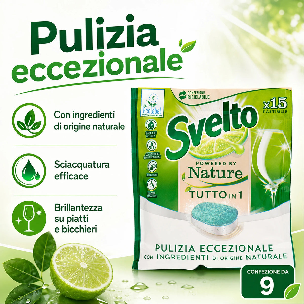 Confezione da 9 Svelto Tabs Tutto in 1 Regular, pastiglie lavastoviglie 15 pezzi, formato scorta per cucina, casa e uso quotidiano