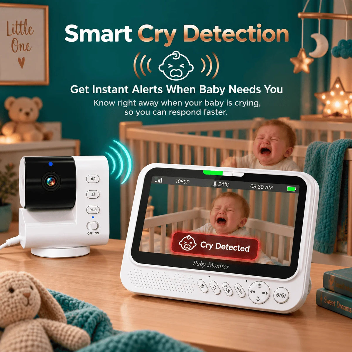 Monitor per bambini intelligente da 7 pollici con telecamera PTZ avanzata, zoom, sensore di temperatura, funzione di ninna nanna rilassante, visione notturna e audio bidirezionale. Offre una sorveglianza affidabile per la sic