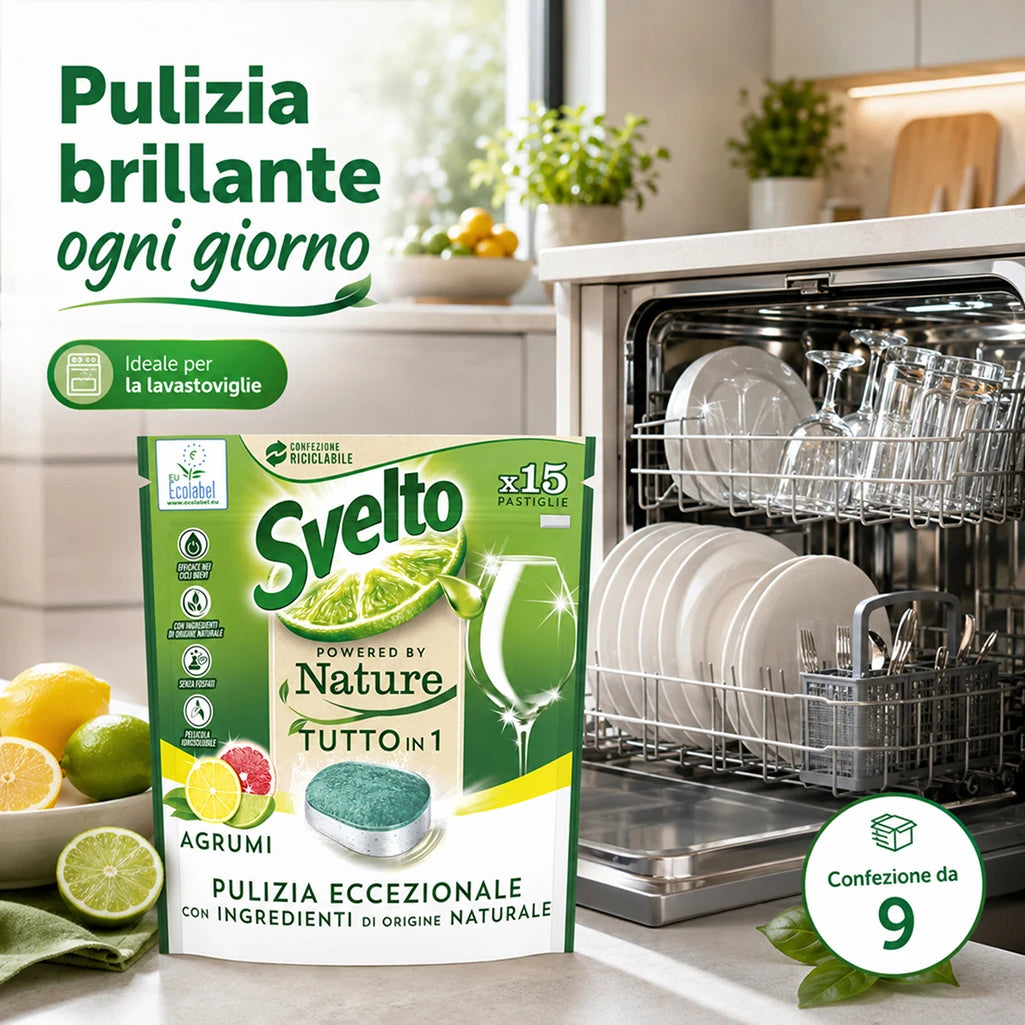 Confezione da 9 Svelto Tabs Tutto in 1 Agrumi, pastiglie lavastoviglie 15 pezzi, formato scorta per cucina, casa e uso quotidiano