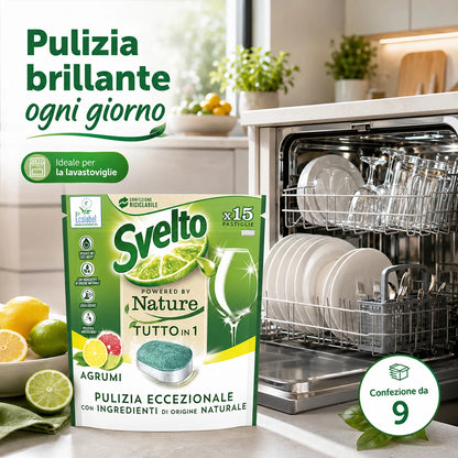 Confezione da 9 Svelto Tabs Tutto in 1 Agrumi, pastiglie lavastoviglie 15 pezzi, formato scorta per cucina, casa e uso quotidiano
