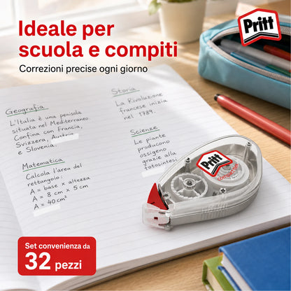 Confezione da 32 Pritt Flex Roller 4,2 mm x 10 m, correttori a nastro riscrivibili per frasi, lettere singole, scuola, ufficio e cancelleria