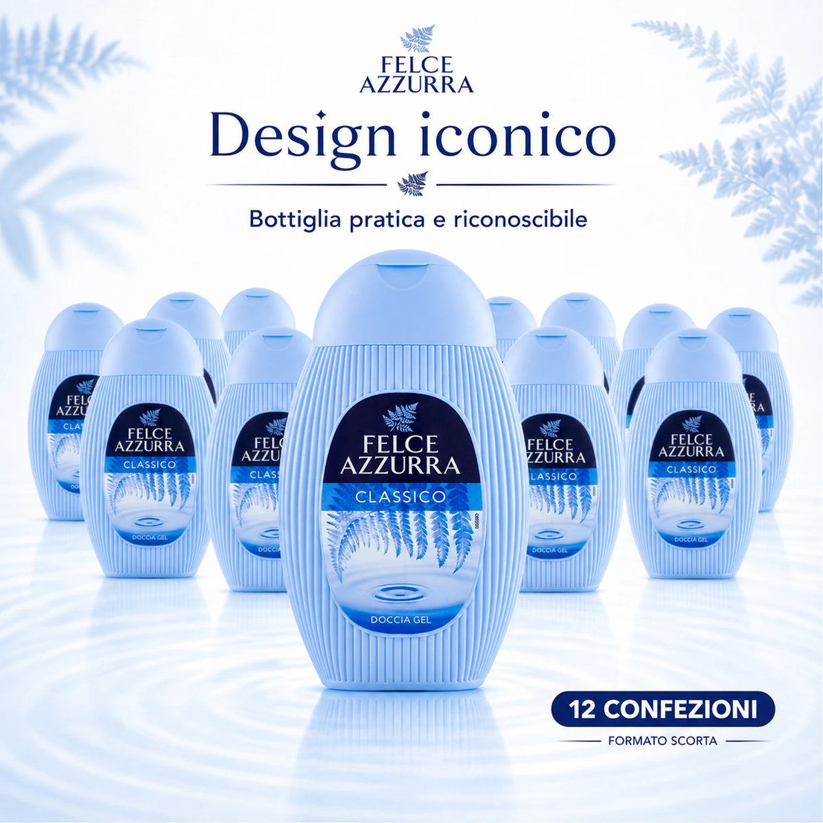 Confezione da 12 Felce Azzurra Doccia Classica 250 ml, bagnodoccia profumato per la detersione quotidiana, 3 L totali