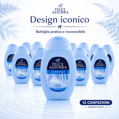 Confezione da 12 Felce Azzurra Doccia Classica 250 ml, bagnodoccia profumato per la detersione quotidiana, 3 L totali