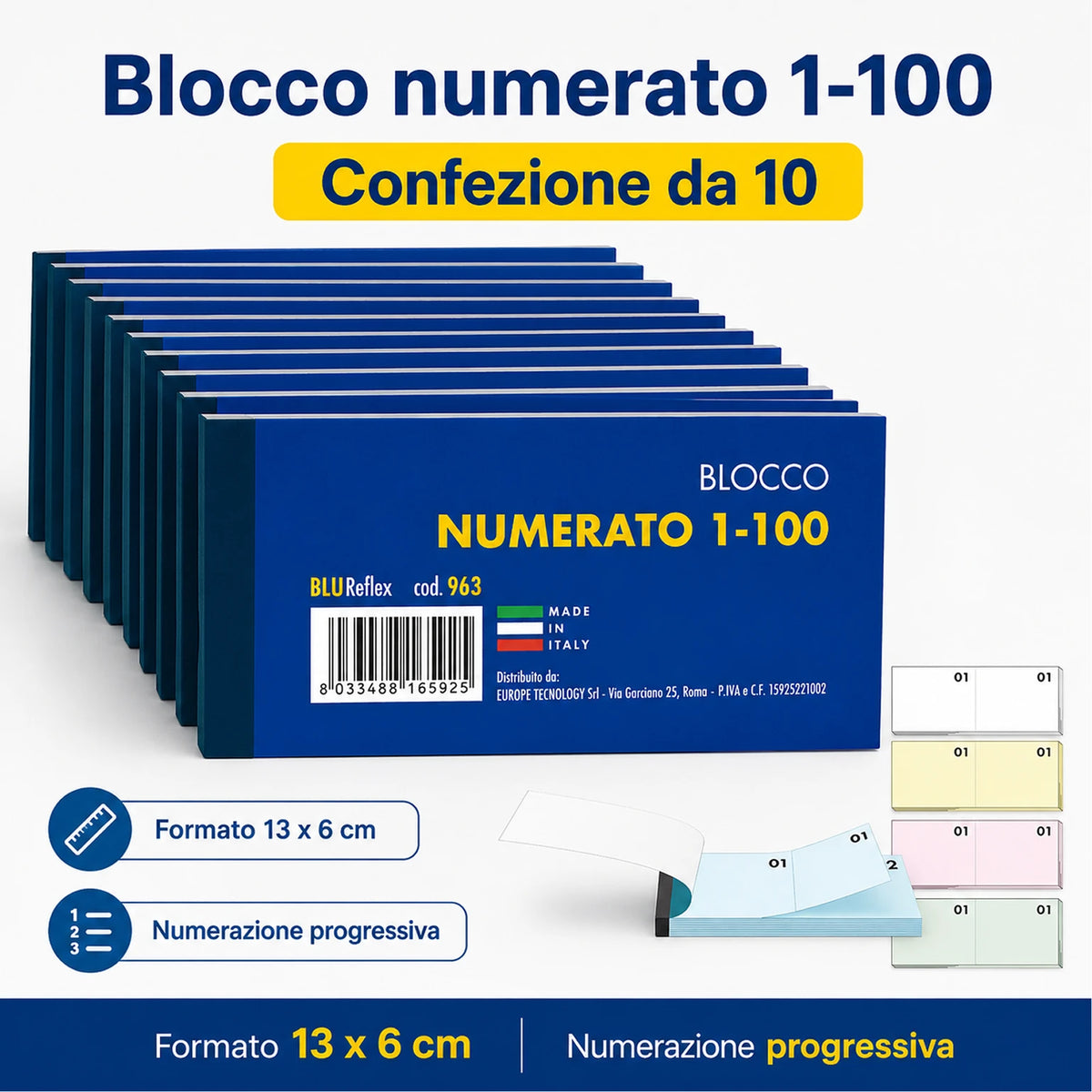 Confezione da 10 blocchi numerati 1/100 BLU963, blocchi da 100 fogli per ricevute, turni, magazzino, ufficio e attività commerciali