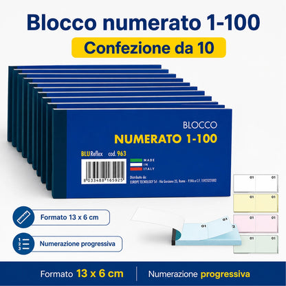 Confezione da 10 blocchi numerati 1/100 BLU963, blocchi da 100 fogli per ricevute, turni, magazzino, ufficio e attività commerciali