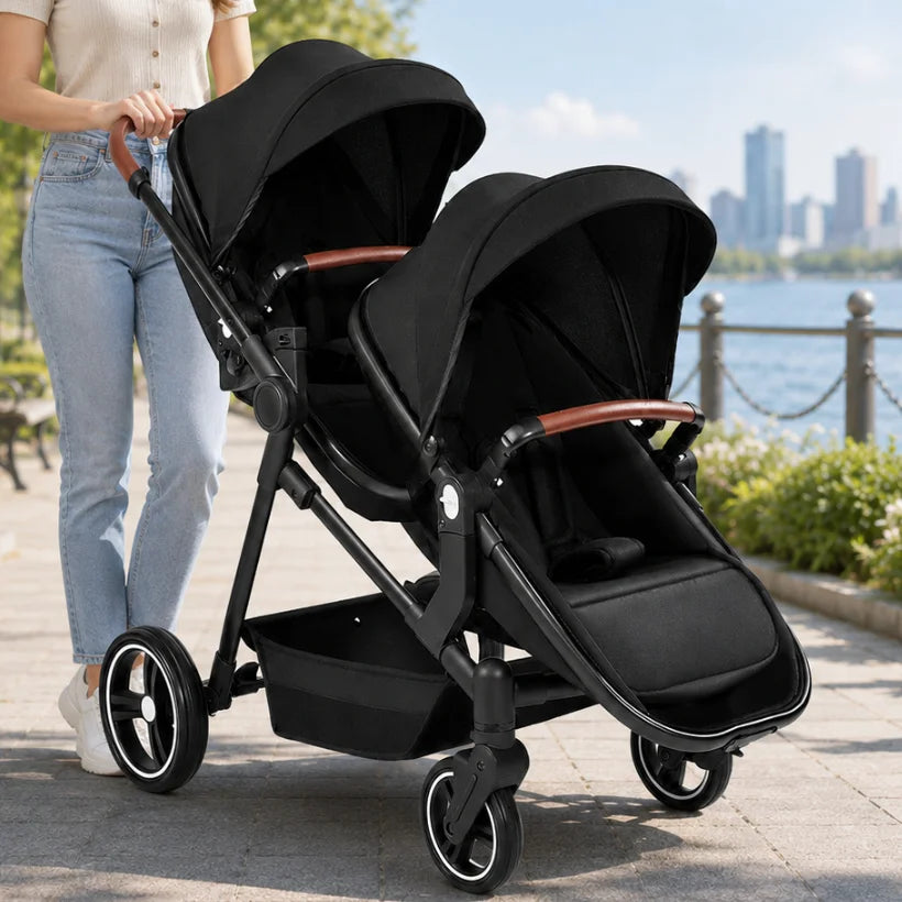 Passeggino Doppio per Bambini da Esterno, Multifunzionale 3-in-1, con Due Seggiolini Auto per Bambini
