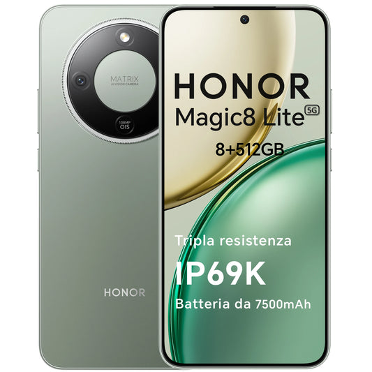 HONOR Magic8 Lite Smartphone 5G, Tripla Resistenza-IP69K, 7500 mAh, Fotocamera AI 108 MP con OIS, Display AMOLED da 6.79 Pollici Cellulari, AI Intelligente, Dual SIM, NFC