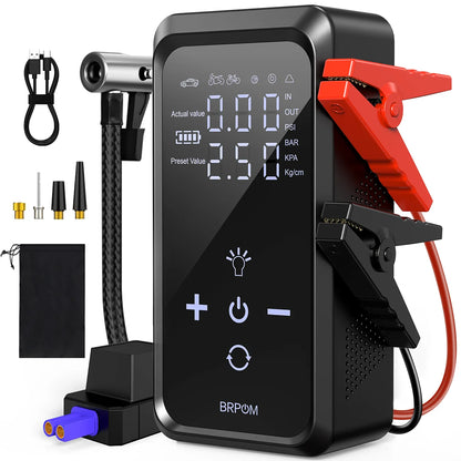 Avviatore di Emergenza per Auto con Compressore d'Aria Senza Fili, Gonfiatore Pneumatici, Booster Batteria con Power Bank e Torcia LED, Avviatore 12V per Tutti i Veicoli a Benzina o Diesel fino a 10.0L, Avviatore di Emergenza