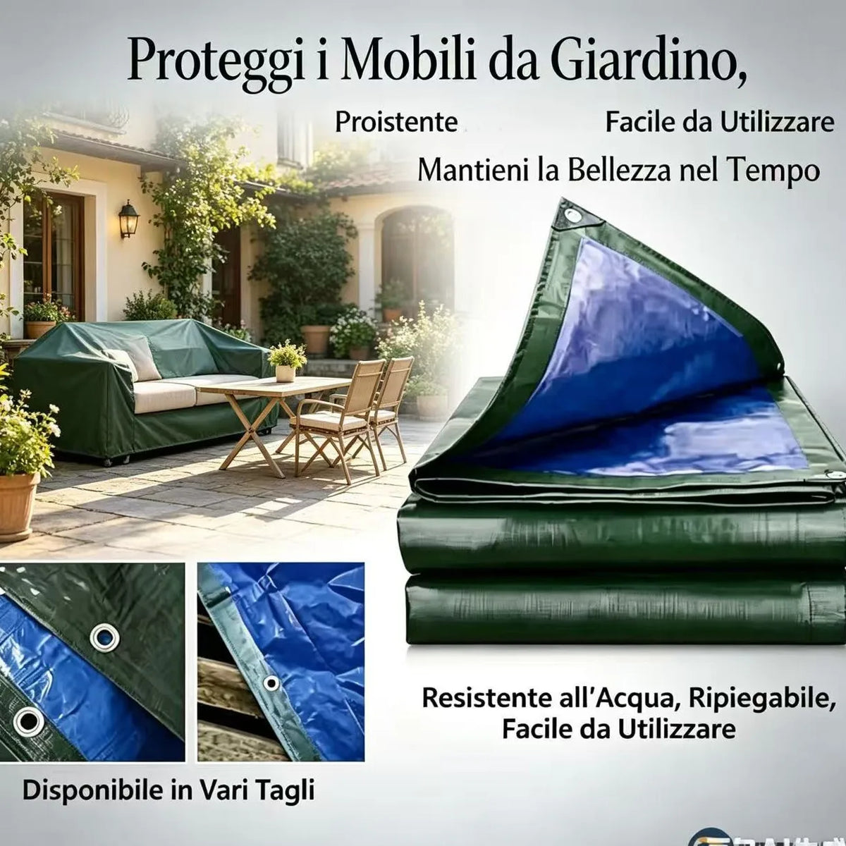 Telo Occhiellato Blu/Verde,Telone resistente, Telo Impermeabile,tessuto di alta qualità, multiuso, Adatto per Tetto,, con occhielli , ideale come regalo per familiari e amici, perfetto per cortili, giardini, patii e aree pis