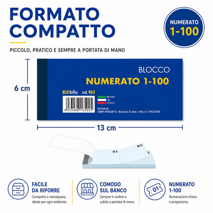 Confezione da 30 blocchi scontrino numerati 1-100, blocchi per ricevute, turni, magazzino, ufficio, negozi e attività commerciali