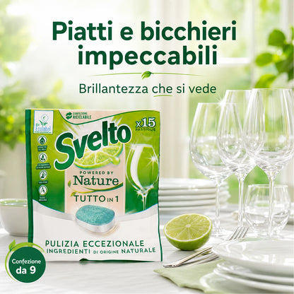 Confezione da 9 Svelto Tabs Tutto in 1 Regular, pastiglie lavastoviglie 15 pezzi, formato scorta per cucina, casa e uso quotidiano