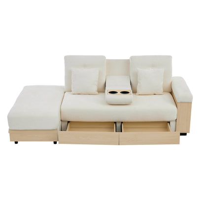 Divano Living Landscape con contenitore e schienale regolabile 3X - Divano letto in ciniglia beige a 3 posti con cassetti, portabicchieri e sgabello contenitore, 217x110 cm per soggiorno e camera degli ospiti