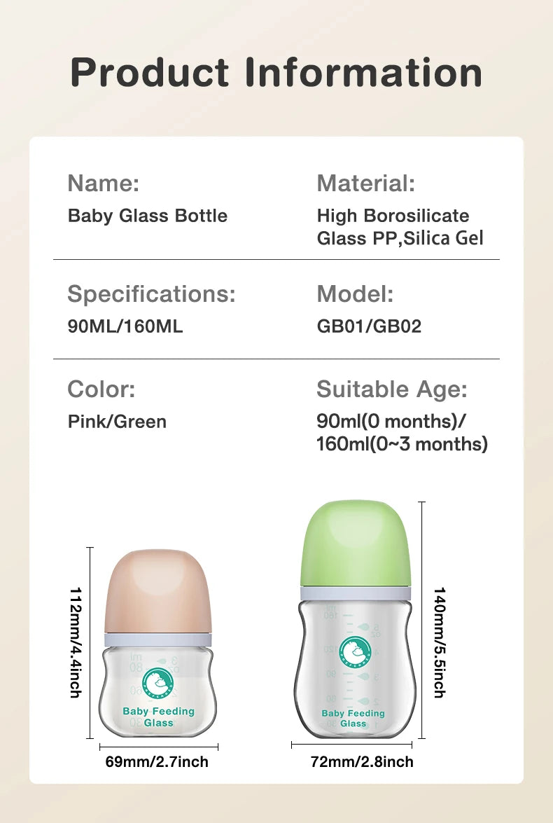 1 Pezzo Biberon per Neonati 90ML/160ML, Biberon in Vetro Anti-Colica, Biberon per l'Alimentazione del Latte, Senza BPA