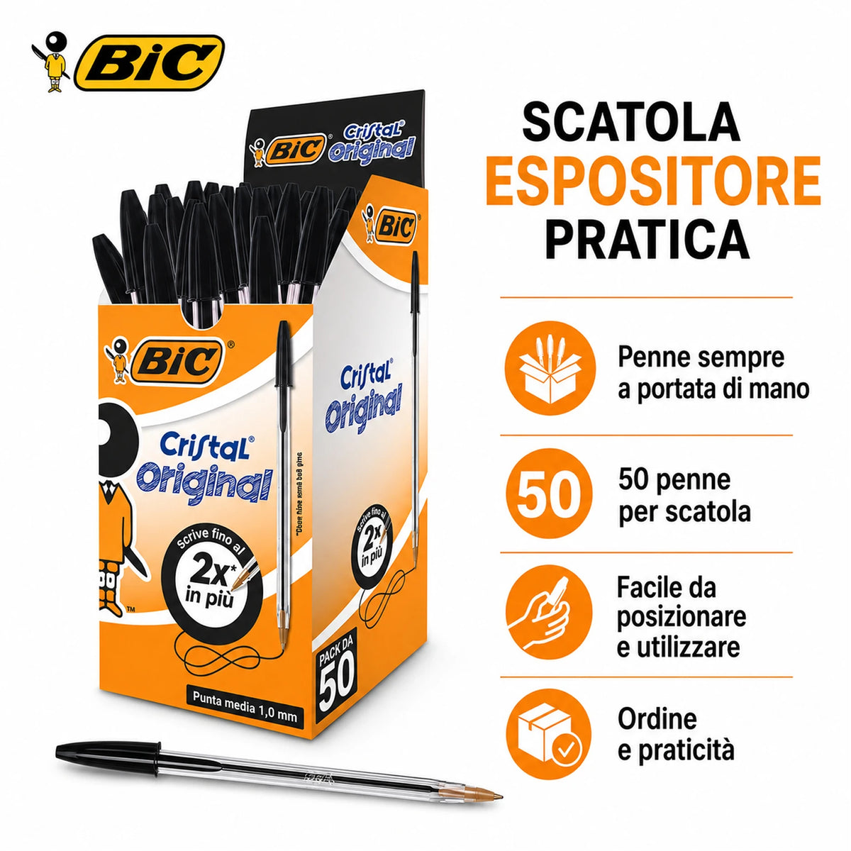 Confezione da 50 penne BIC Cristal Original nere a sfera, punta media 1 mm, penne per scuola, ufficio, cancelleria e uso quotidiano