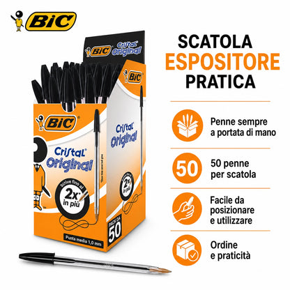 Confezione da 50 penne BIC Cristal Original nere a sfera, punta media 1 mm, penne per scuola, ufficio, cancelleria e uso quotidiano
