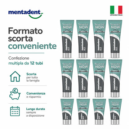 Confezione da 12 Mentadent White Now Detox Carbone 75 ml, dentifricio per igiene orale quotidiana, 900 ml totali