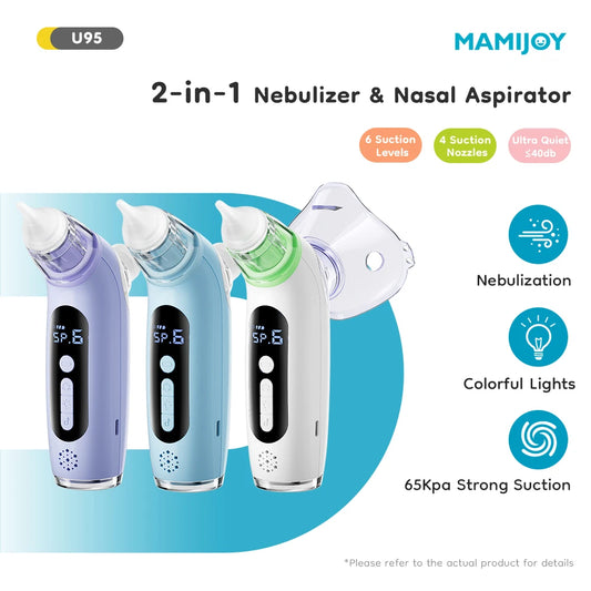 MAMIJOY Aspiratore nasale elettrico 2 in 1 per bambini e funzione nebulizzatore 6 modalità di aspirazione e nebulizzatore musicale per bambini e pulitore nasale U95