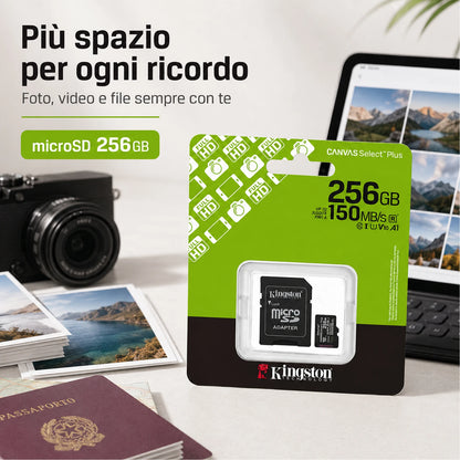 Confezione da 1 scheda di memoria Kingston Canvas Select Plus microSD 256 GB, microSDXC Gen3 UHS-I Class 10 A1 V10, 150 MB/s lettura, adattatore SD incluso