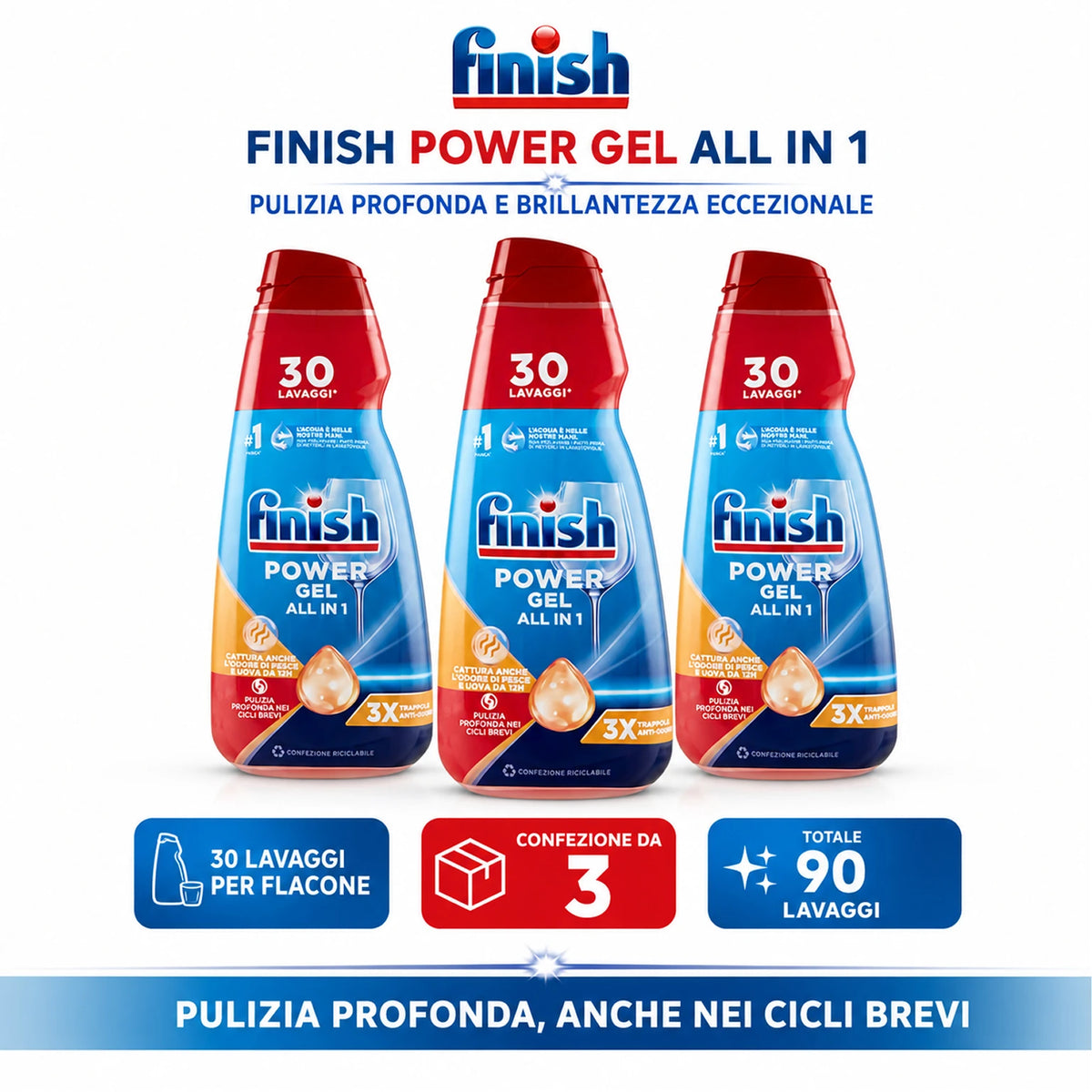Confezione da 3 Finish Power Gel 600 ml Anti-Odore, gel per lavastoviglie, 1,8 L totali per piatti, bicchieri e stoviglie