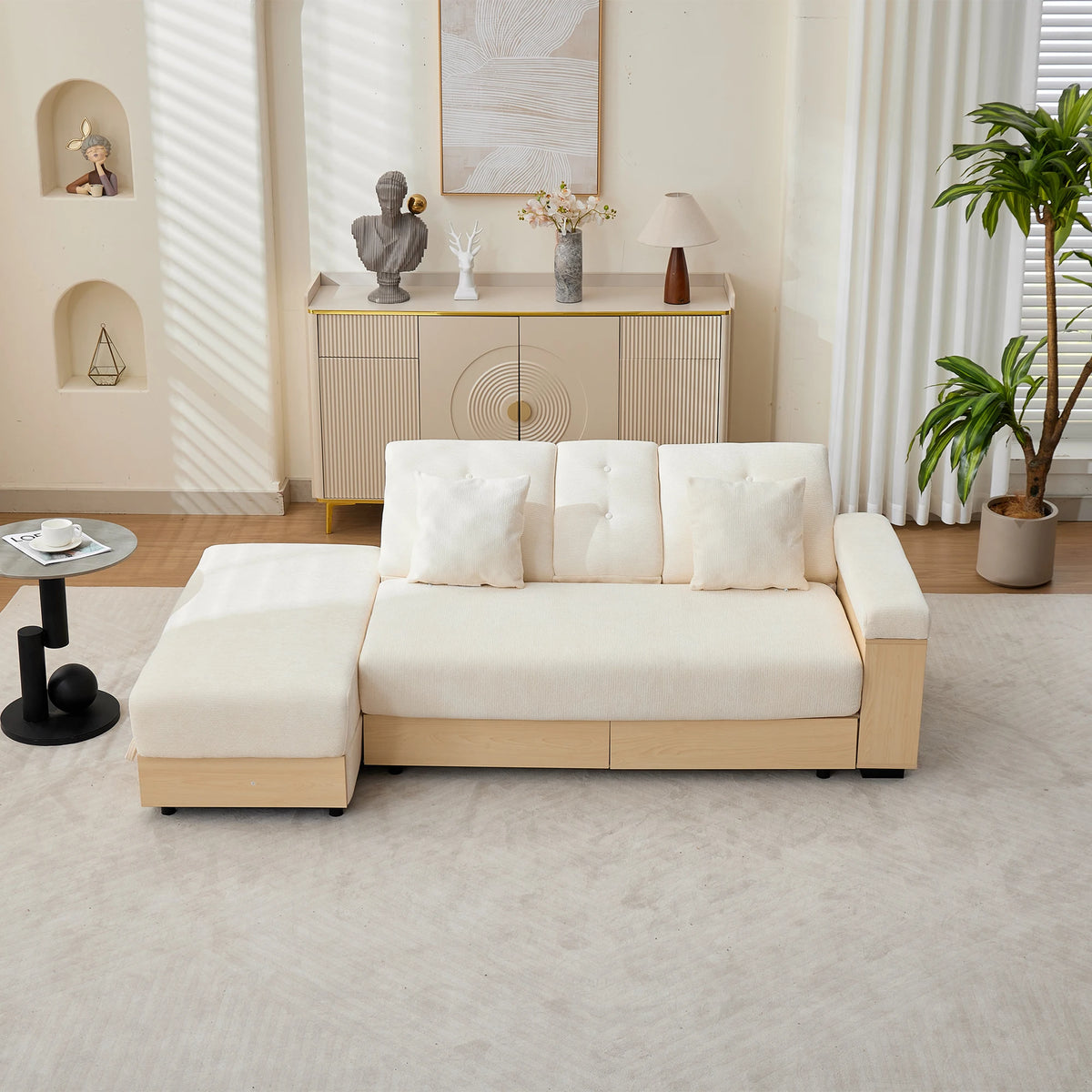 Divano Living Landscape con contenitore e schienale regolabile 3X - Divano letto in ciniglia beige a 3 posti con cassetti, portabicchieri e sgabello contenitore, 217x110 cm per soggiorno e camera degli ospiti