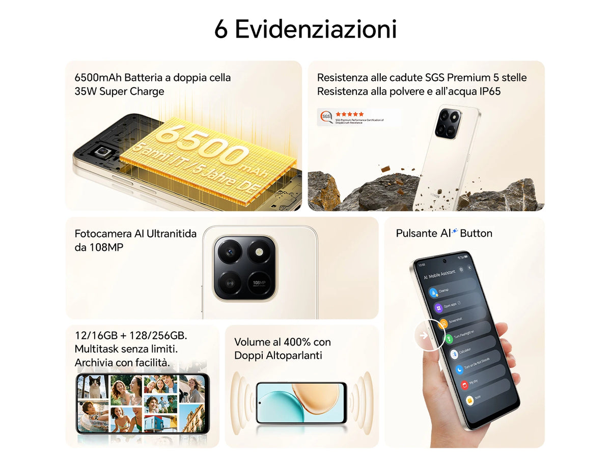 HONOR 400 Smart 4G Smartphone, Display 6.77" 120Hz, Batteria 6500mAh Doppia Cella, Fotocamera AI 108MP, Certificazione SGS 5 Stelle, Resistenza IP65, NFC, Dual SIM, Android 15