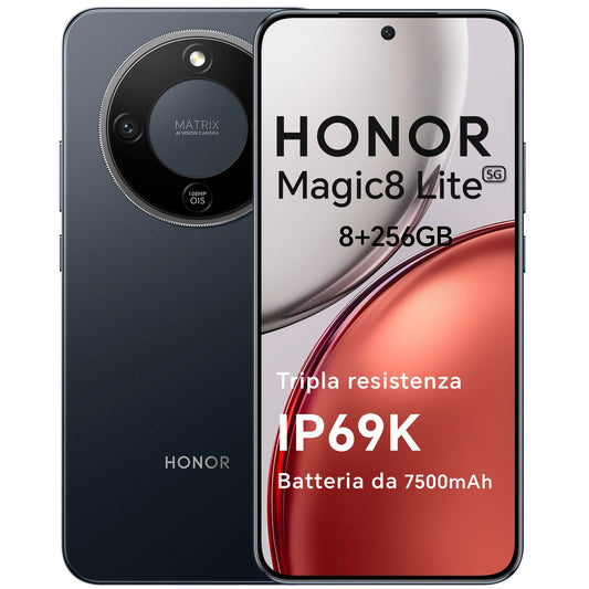 HONOR Magic8 Lite Smartphone 5G, Tripla Resistenza-IP69K, 7500 mAh, Fotocamera AI 108 MP con OIS, Display AMOLED da 6.79 Pollici Cellulari, AI Intelligente, Dual SIM, NFC