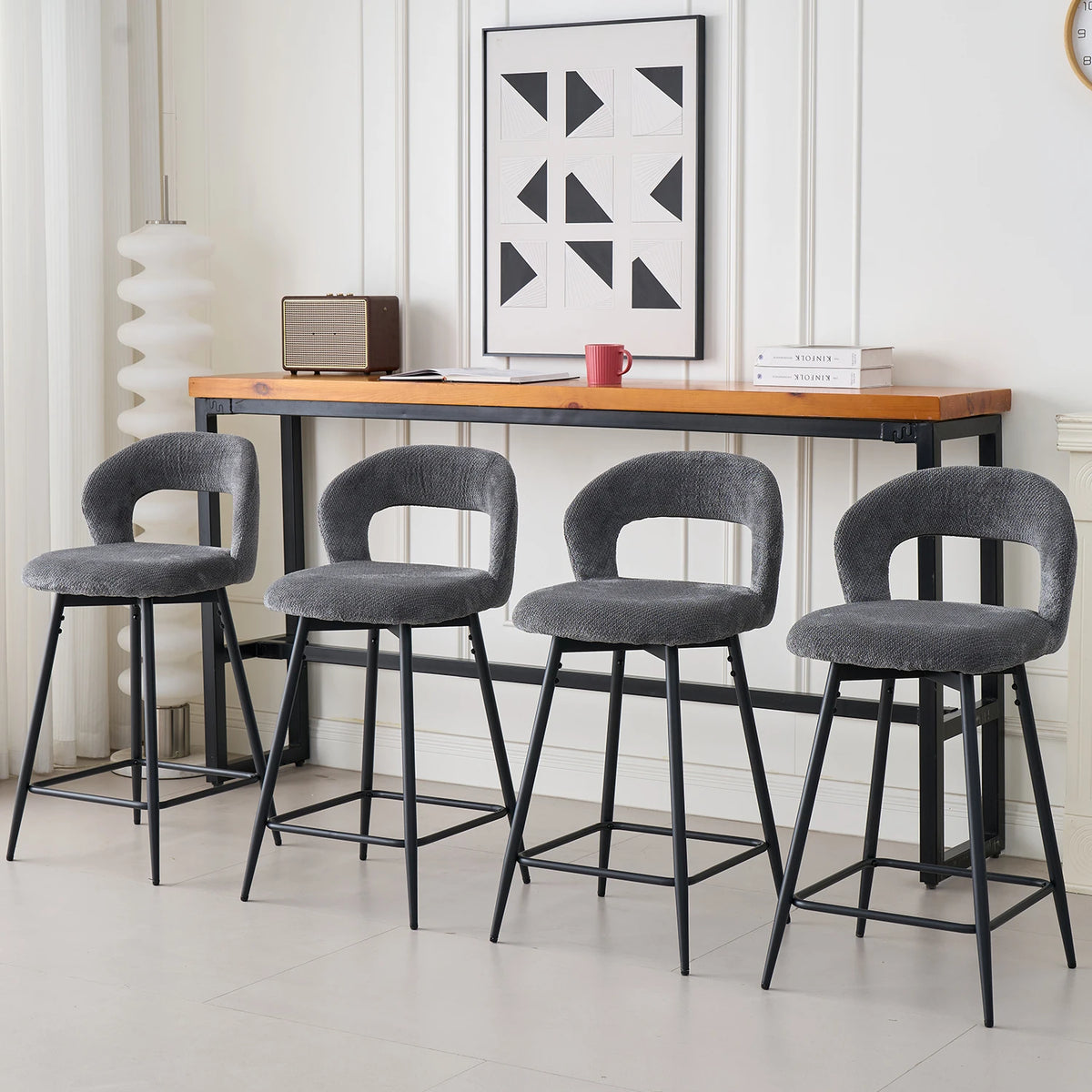 EGOONM Set da 2/4 sgabelli da bar girevoli in lino con schienale aperto e poggiapiedi, sedie da bar moderne imbottite per isola cucina, gambe in metallo nero