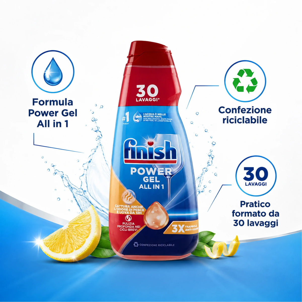 Confezione da 3 Finish Power Gel 600 ml Anti-Odore, gel per lavastoviglie, 1,8 L totali per piatti, bicchieri e stoviglie